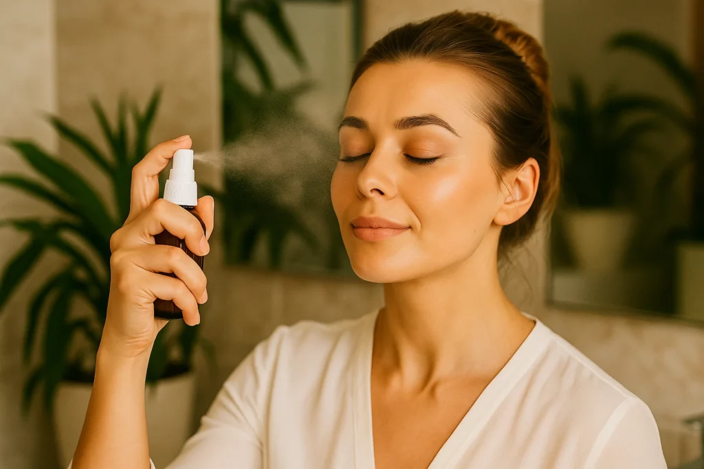 Kobieta rozpyla hydrolat na twarz w domowej łazience przy naturalnym świetle.