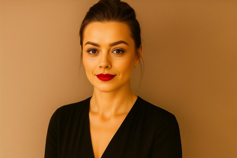 Kobieta z klasycznym makijażem i czerwoną szminką patrząca pewnie w kamerę – elegancki, minimalistyczny look