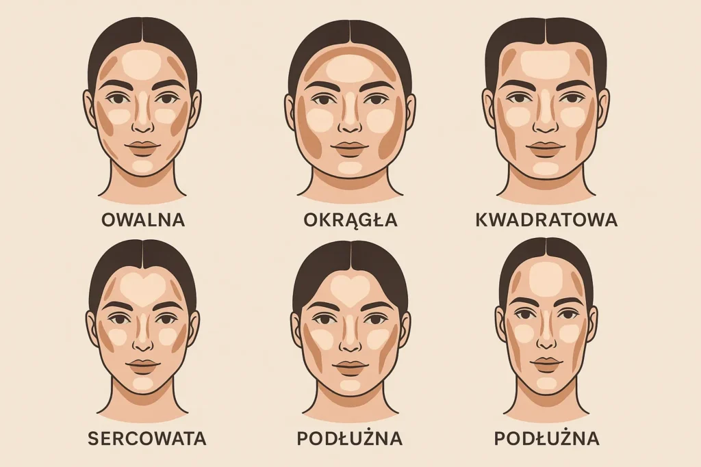 Schemat konturowania dla różnych kształtów twarzy – zaznaczone miejsca bronzera i rozświetlacza