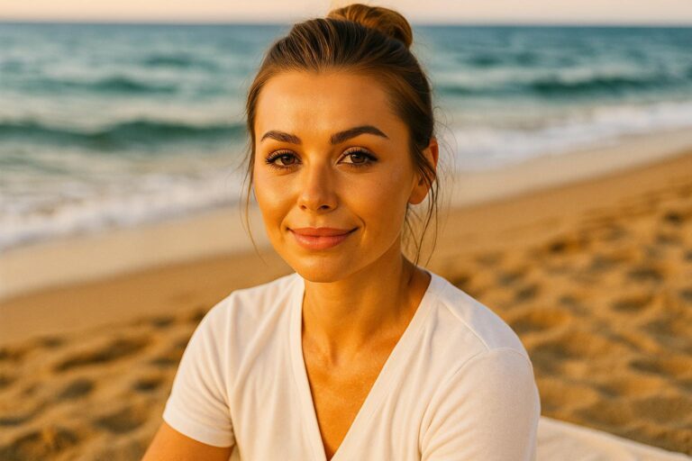 Kobieta z makijażem wodoodpornym na plaży, zbliżenie na twarz bez smug i efektu rozmazania