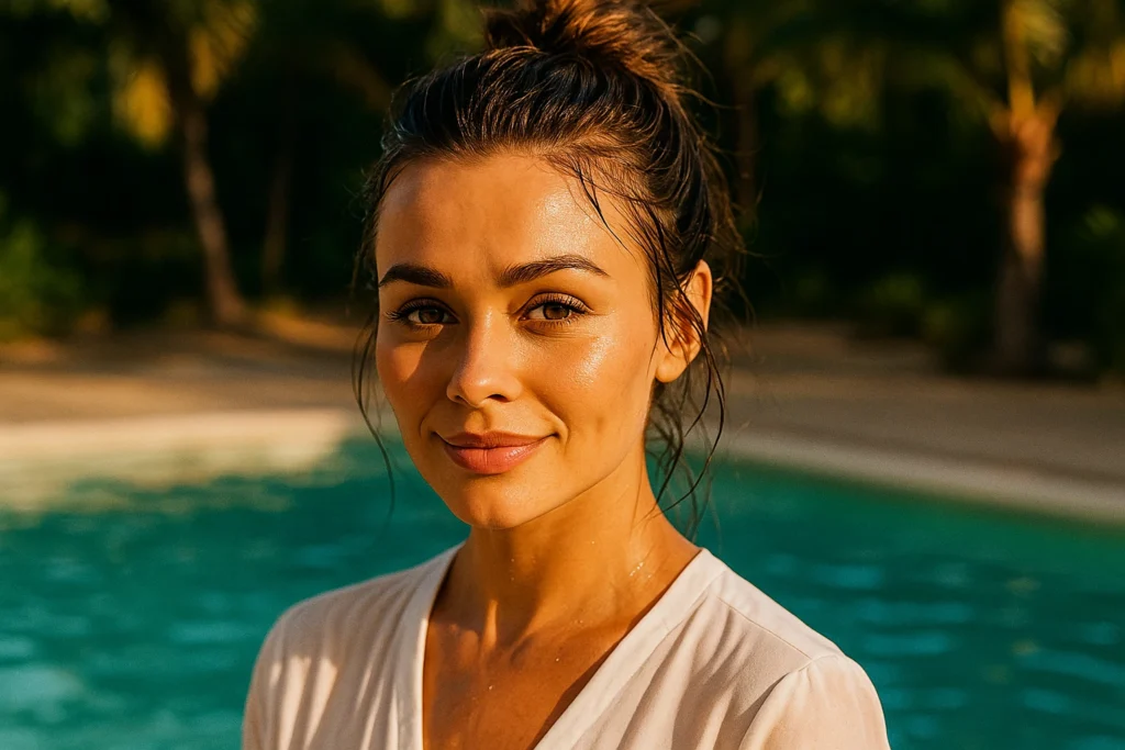 Detal fryzury „messy bun” na tle basenu