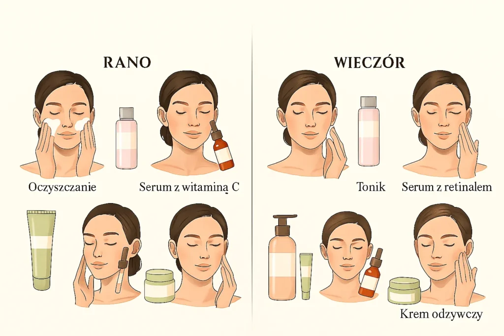 Schemat rutyny pielęgnacyjnej twarzy po 30 roku życia – zestawienie poranne i wieczorne z krokami: oczyszczanie, serum, krem, SPF, retinal.