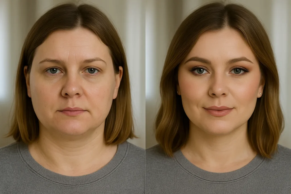 Efekt makijażu modelującego na twarzy kwadratowej – przed i po