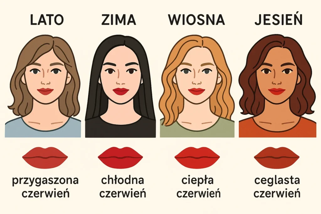 Przykłady typów urody (wiosna, lato, jesień, zima) z dopasowanymi odcieniami czerwonej szminki