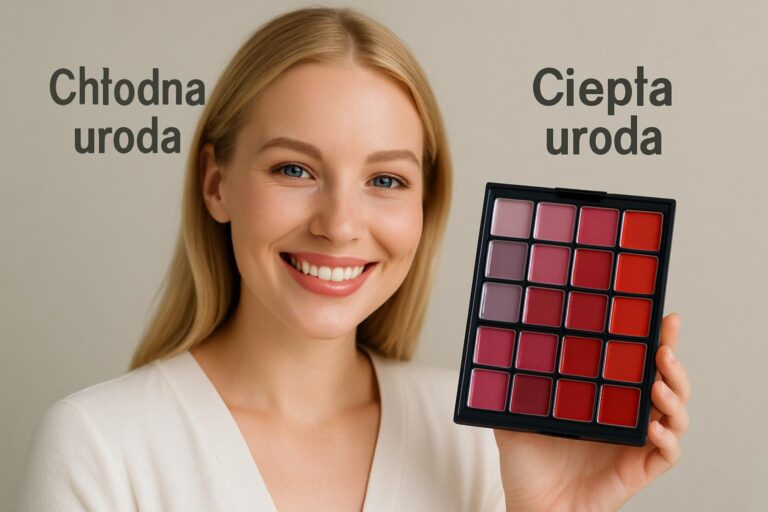 Blondynka z paletą szminek, porównanie chłodnej i ciepłej urody, tekst: chłodna uroda / ciepła uroda