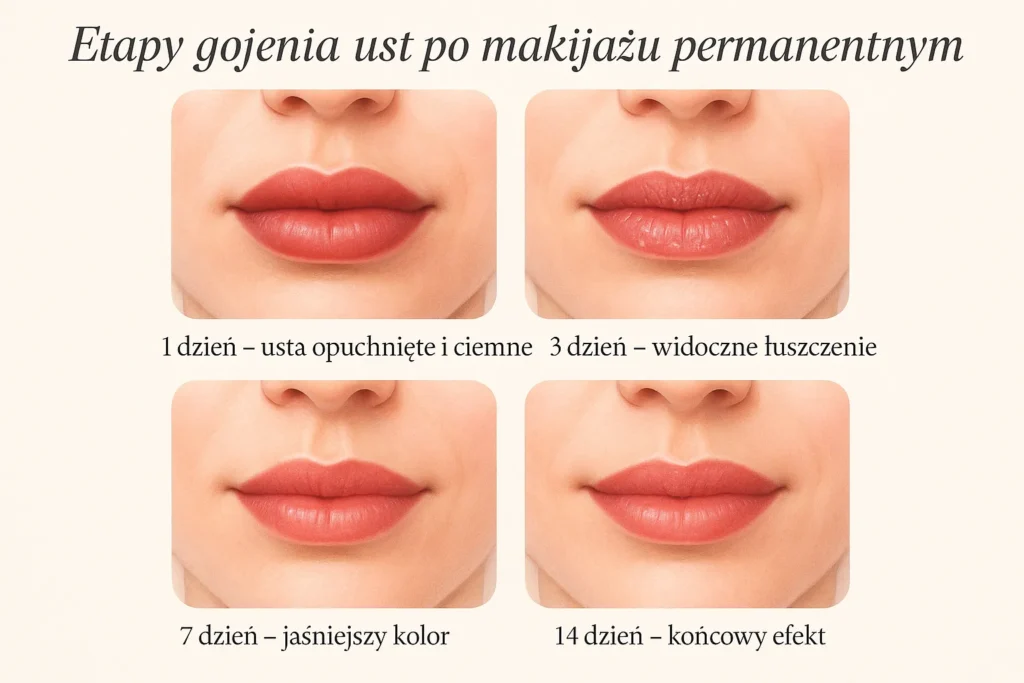 Infografika: etapy gojenia ust po makijażu permanentnym – dzień po dniu
