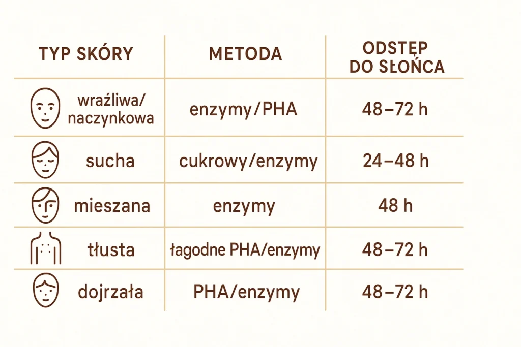 Infografika: matryca doboru peelingu przed opalaniem – typ skóry, metoda i bezpieczny odstęp 24–72 h