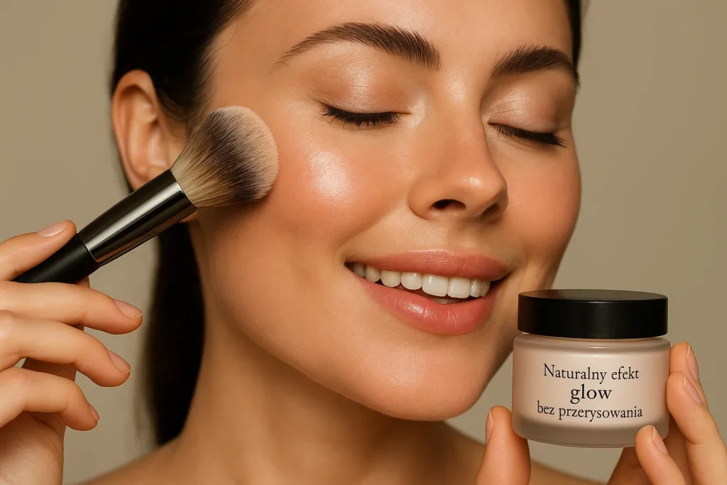 Kobieta nakładająca puder rozświetlający na twarz – naturalny efekt glow