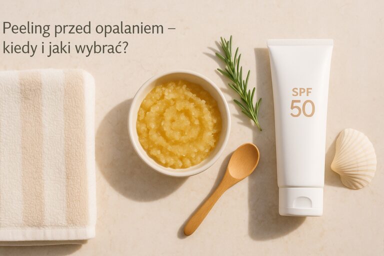 Peeling przed opalaniem – miseczka z domowym peelingiem cukrowym, krem SPF 50 i ręcznik na jasnym blacie