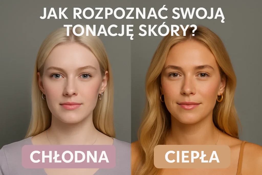 Infografika pokazująca różnice między chłodną a ciepłą tonacją skóry u blondynek
