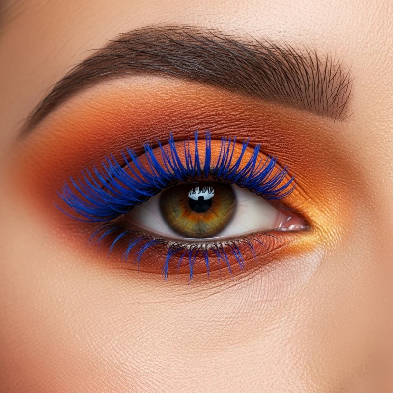 Makijaż z niebieskim tuszem – 5 looków od dziennych po wieczorowe - Look #3: Energia kontrastu – niebieskie rzęsy w duecie z pomarańczą i brązem