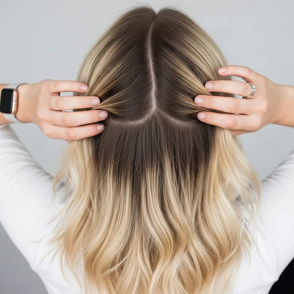 Blond włosy z widocznym, ciemniejszym odrostem, ułożone w fale, dłonie kobiety trzymające włosy.