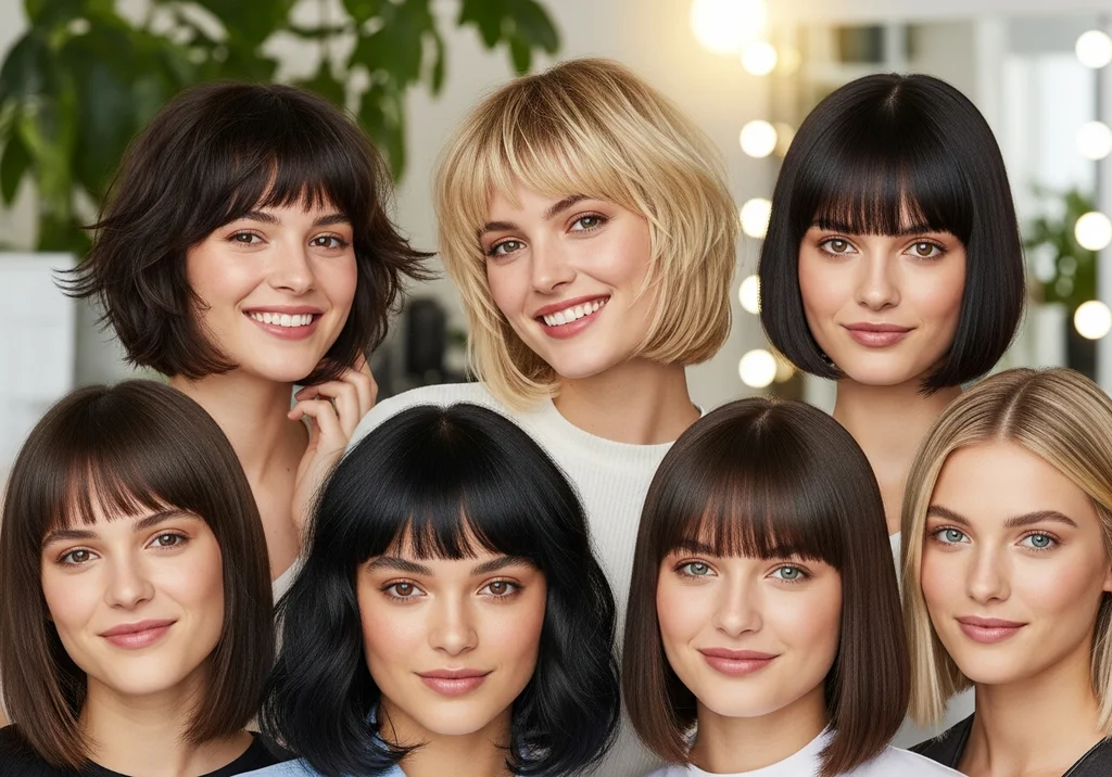 Kobiety z różnymi fryzurami bob i grzywkami, prezentujące różne kolory włosów.