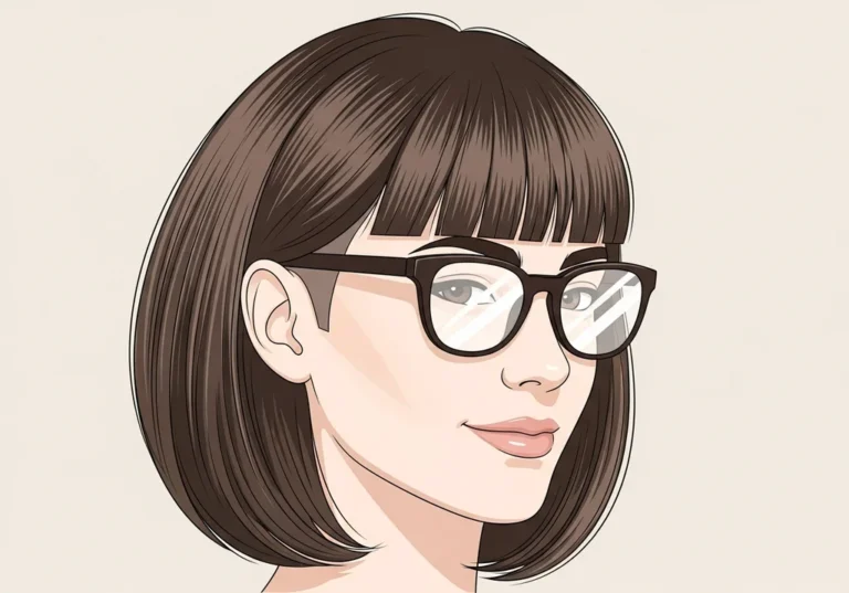 Ilustracja kobiety z fryzurą pieczarką i okularami, w beżowym tle.