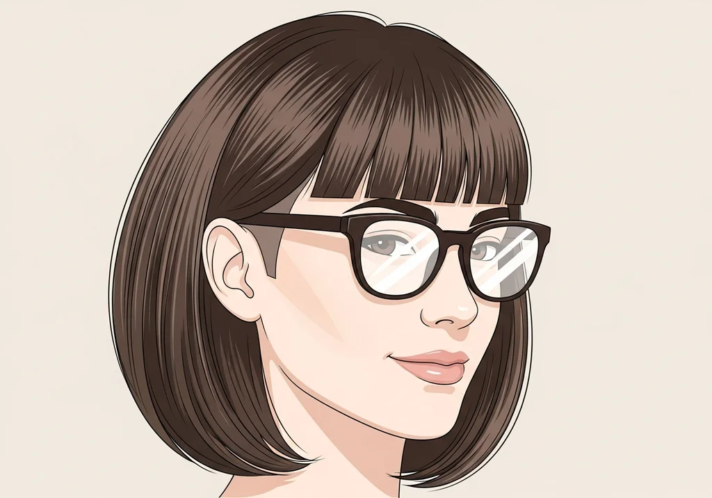 Ilustracja kobiety z fryzurą pieczarką i okularami, w beżowym tle.