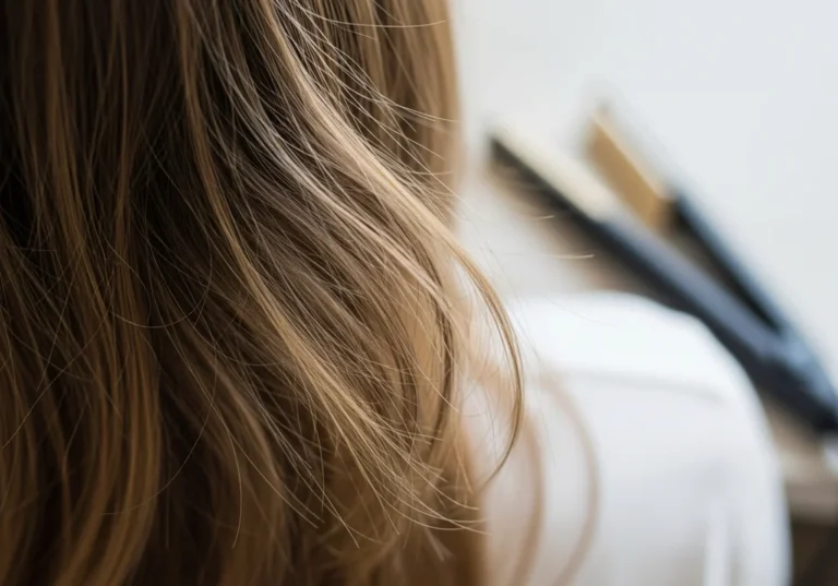 Zbliżenie na blond włosy i prostownicę do włosów w tle.