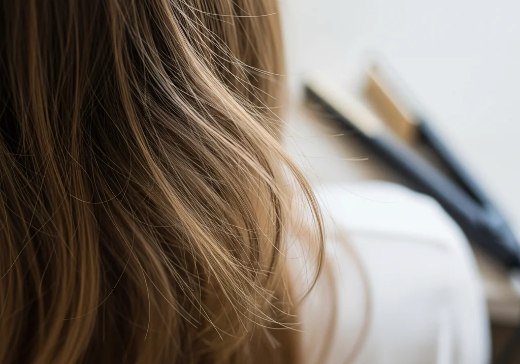 Zbliżenie na blond włosy i prostownicę do włosów w tle.