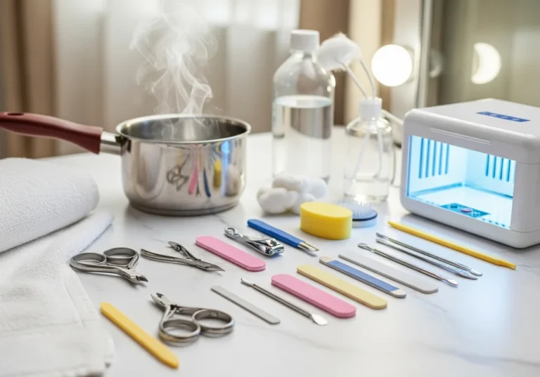 Zestaw do sterylizacji narzędzi do manicure: wrząca woda, lampa UV, pilniki i cążki.