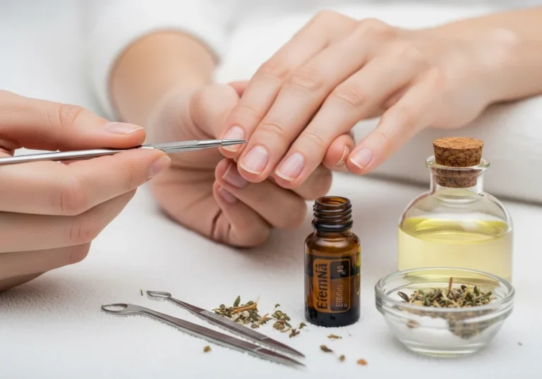 Dłoń podczas manicure chińskiego, z narzędziami i olejkami do pielęgnacji paznokci.