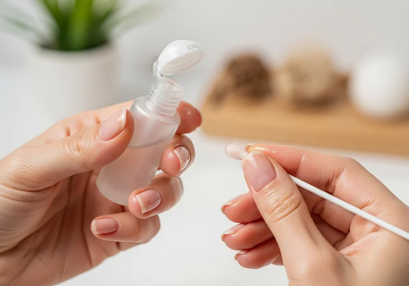 Kobieta nakłada płyn z butelki na wacik, przygotowując się do manicure chińskiego.