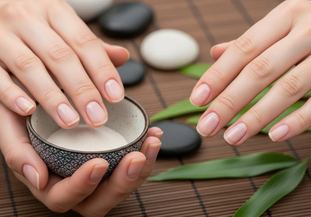 Dłonie z idealnym manicure japońskim nad miseczką z pudrem.