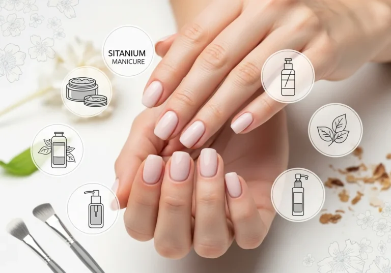 Zadbany manicure tytanowy z ikonami produktów kosmetycznych.