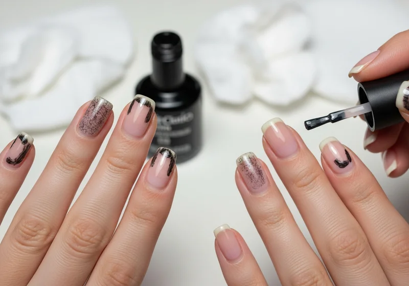Manicure winylowy: aplikacja top coat z pędzelkiem na paznokcie z czarnymi zdobieniami.