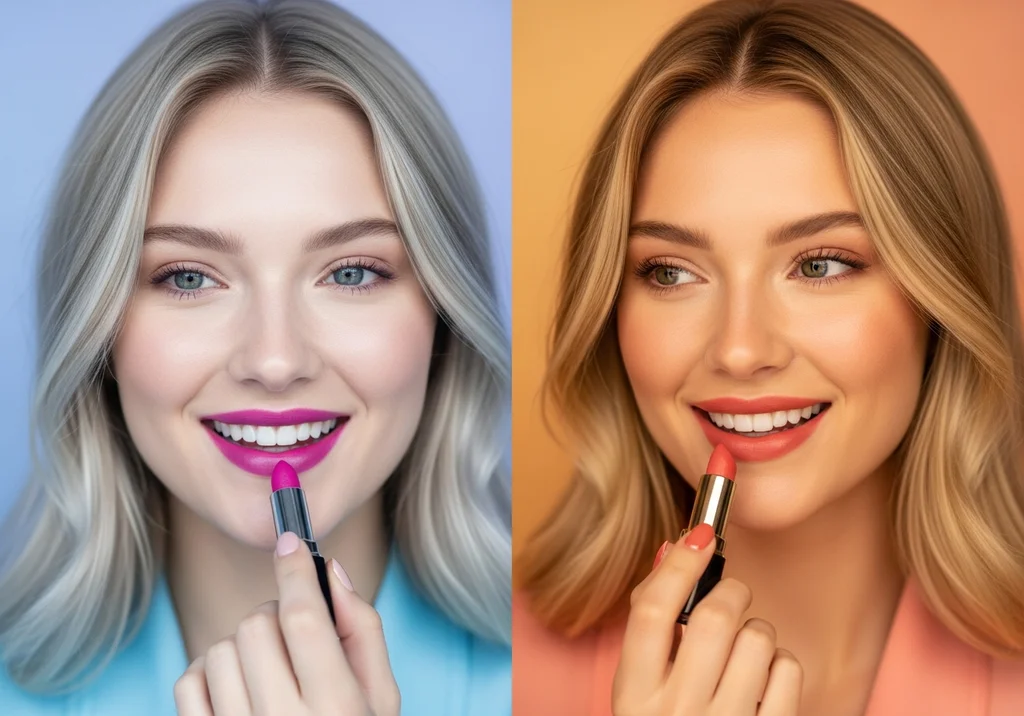 Blondynka z fuksjową szminką i blondynka z koralową szminką, prezentujące dwa odcienie.