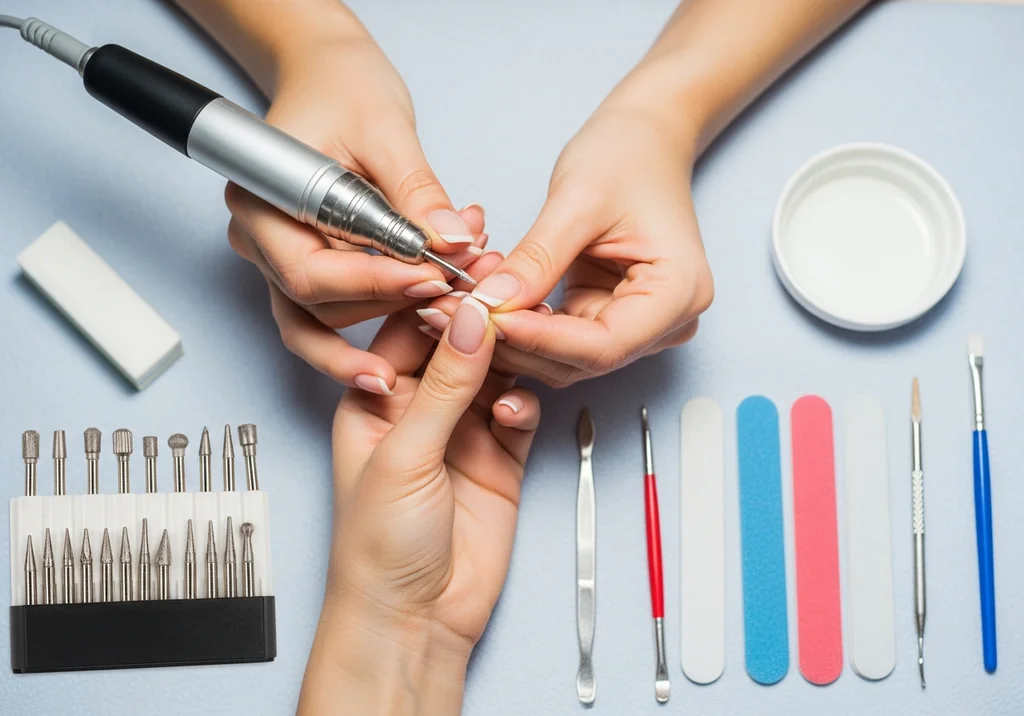 Zestaw do manicure: frezarka, końcówki, pilniki i pędzelki do pielęgnacji paznokci.