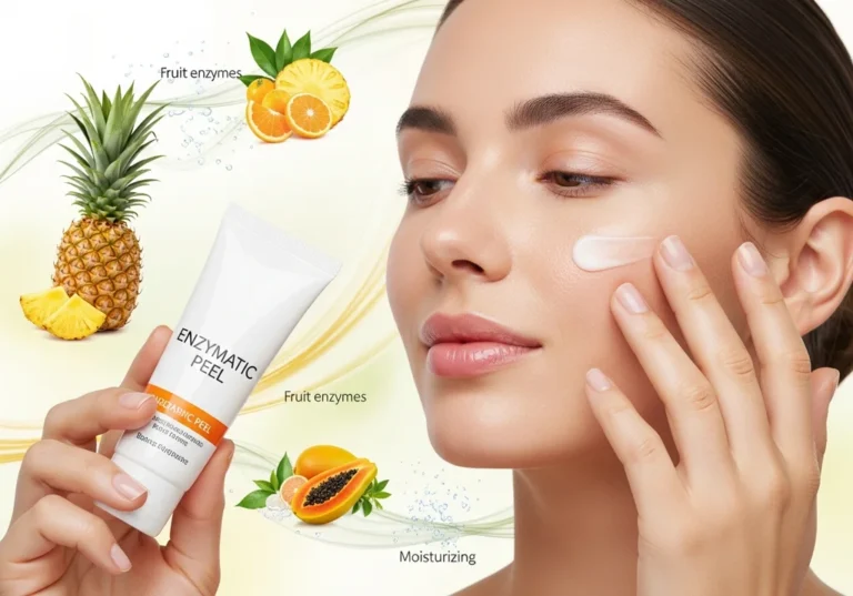 Kobieta aplikująca peeling enzymatyczny z ananasem i papają na twarz.