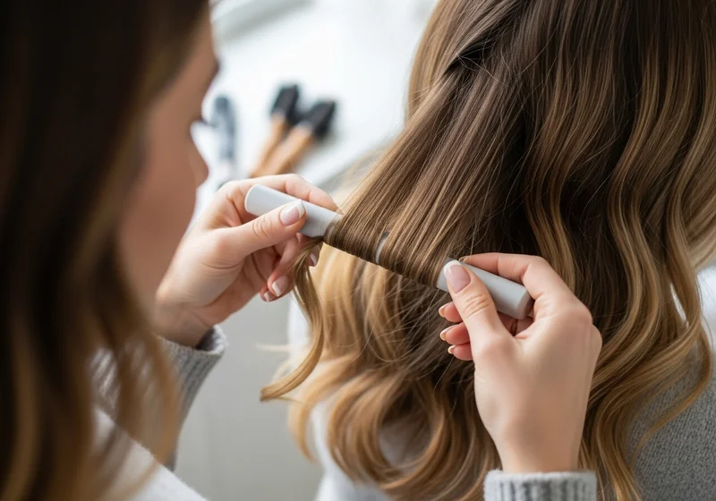 Kobieta modeluje fale na długich włosach, używając prostownicy.