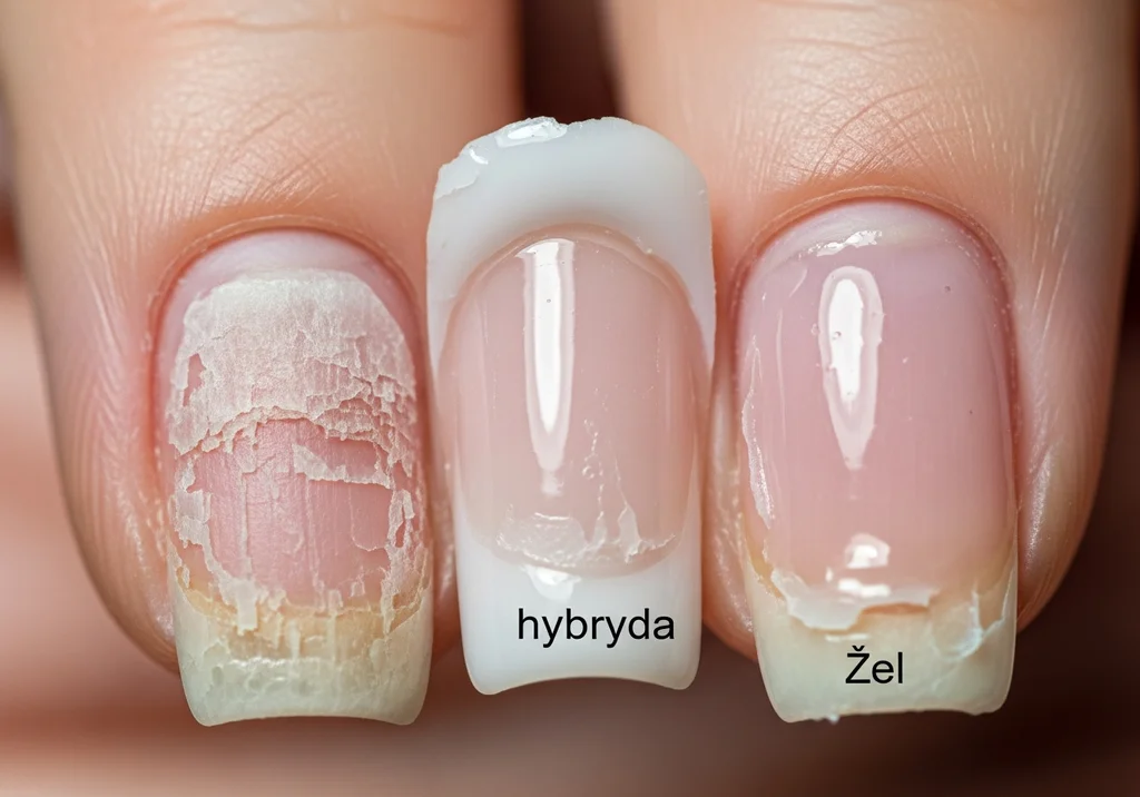 Paznokcie: zniszczona hybryda i odrost żelowy obok naturalnej płytki.