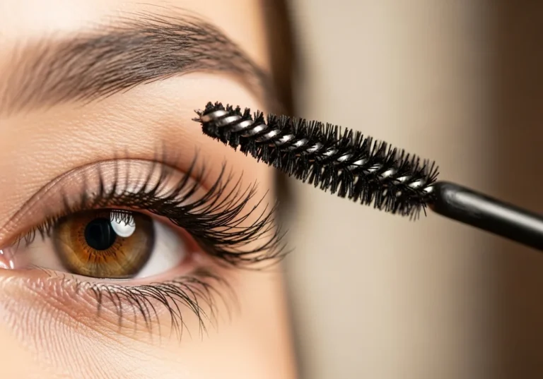 Zbliżenie na oko kobiety z brązową tęczówką, na które nakładany jest tusz do rzęs za pomocą czarnej szczoteczki.