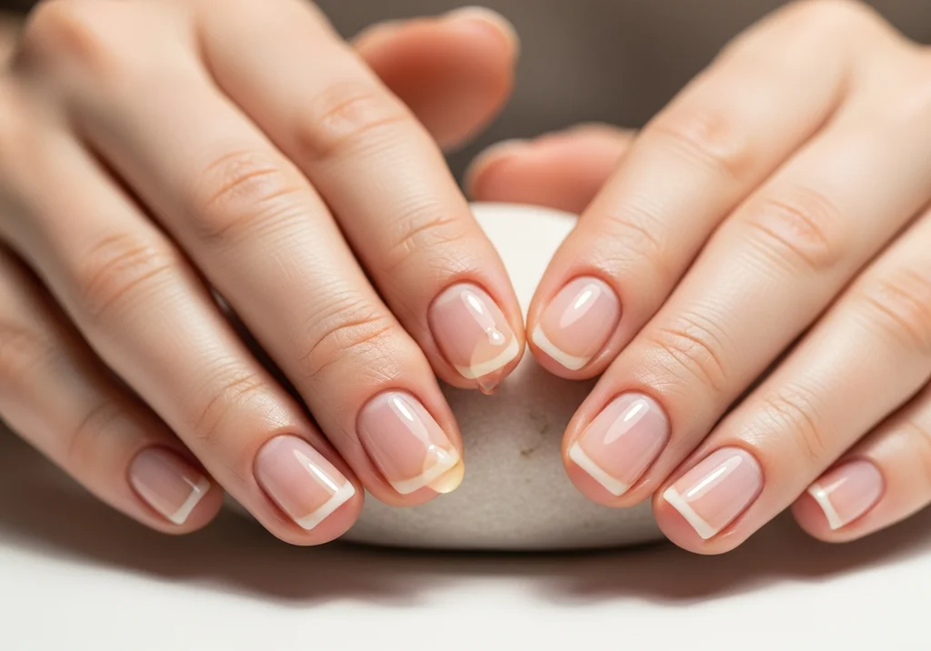 Dłonie z zadbanymi paznokciami w stylu francuskiego manicure, z rozpuszczonymi skórkami.