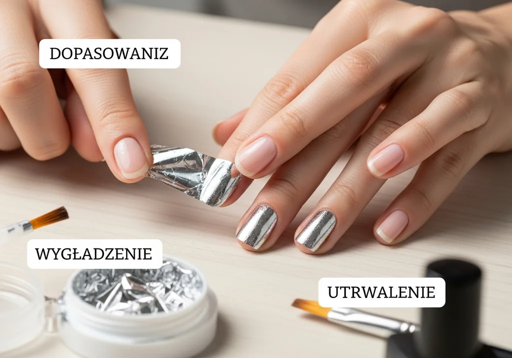 Dopasowanie, wygładzenie i utrwalenie folii na paznokciach – instrukcja krok po kroku.