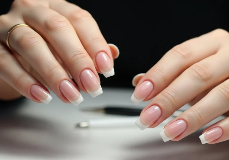 Dłonie kobiety z idealnym manicure'm hybrydowym z nadbudową.