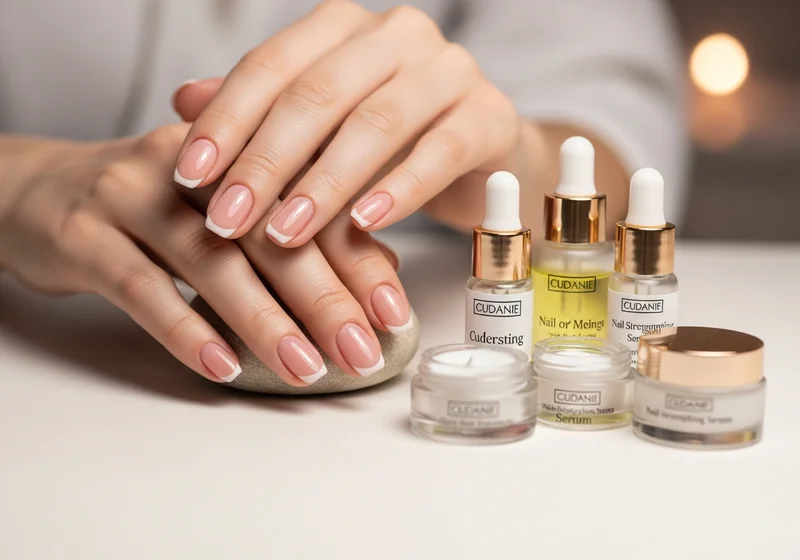 Dłonie z francuskim manicure i kosmetykami do pielęgnacji paznokci.