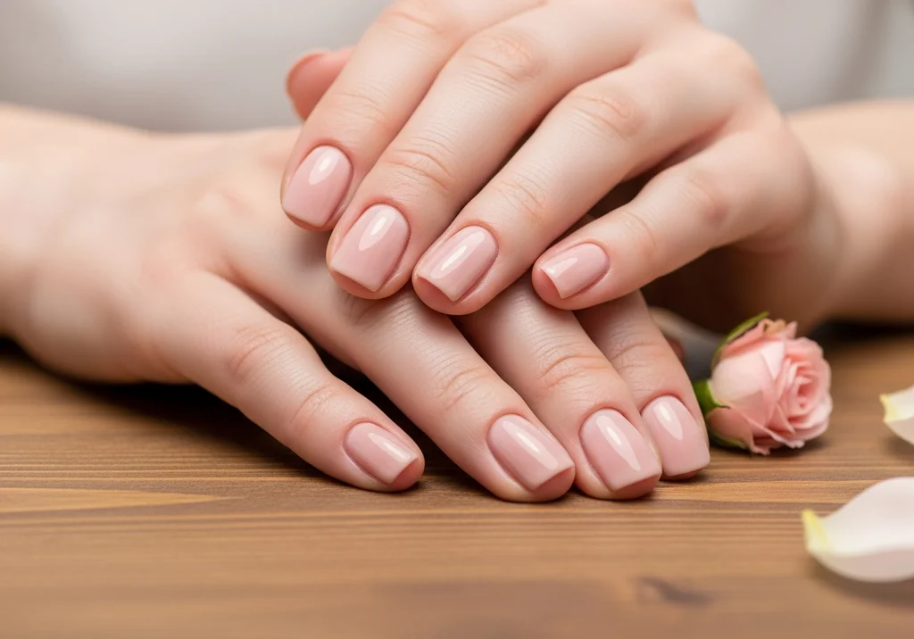Dłonie z eleganckim, jasnoróżowym manicure i pąkiem róży na drewnianym tle.