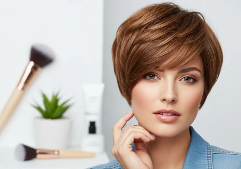 Portret kobiety z krótką fryzurą pixie bob i makijażem, otoczonej akcesoriami kosmetycznymi.