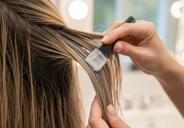 Kobieta nakłada toner do włosów ciemny blond za pomocą pędzelka.