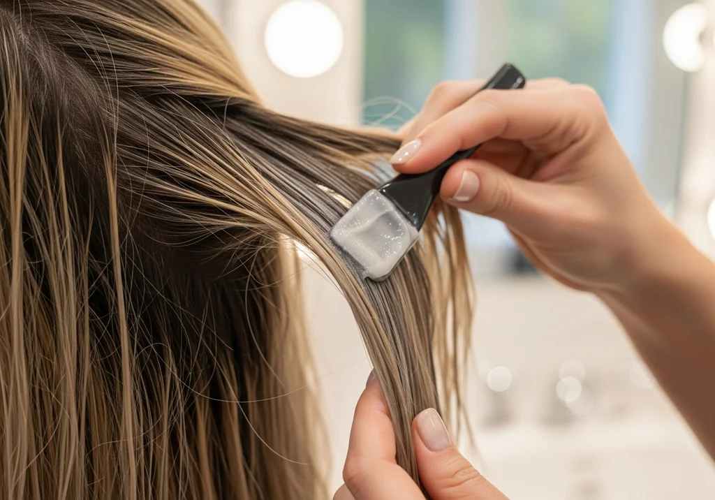 Kobieta nakłada toner do włosów ciemny blond za pomocą pędzelka.