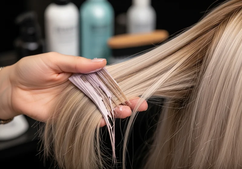 Dłoń z blond włosami nałożonym na nie produktem do koloryzacji.