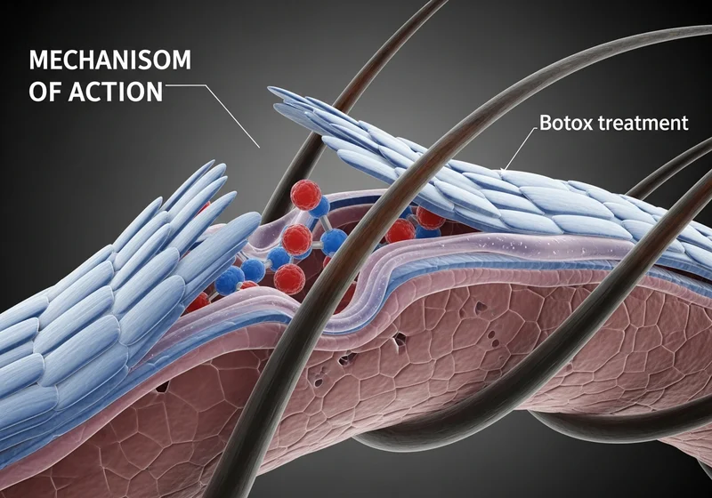 Włos z uniesionymi łuskami (kutikulą) i wnikającymi cząsteczkami zabiegu Botox. Mechanizm działania.