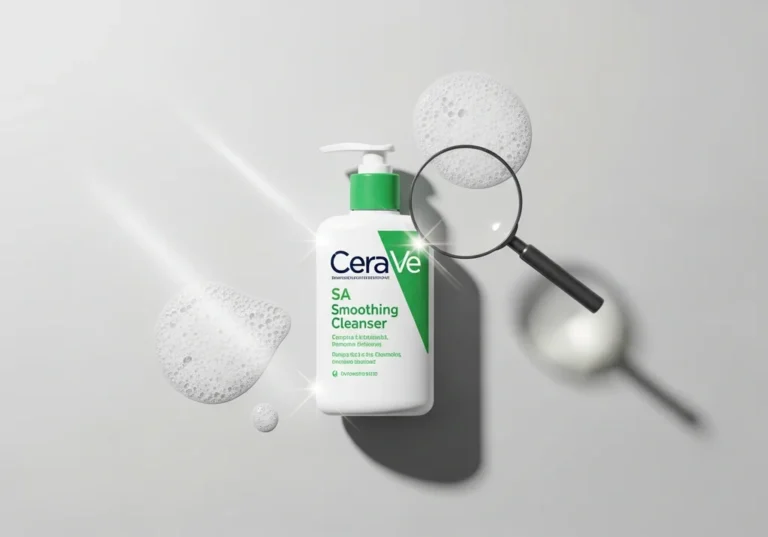 CeraVe SA Smoothing Cleanser, otoczony pianą, z lupą symbolizującą wnikliwą analizę składu produktu.