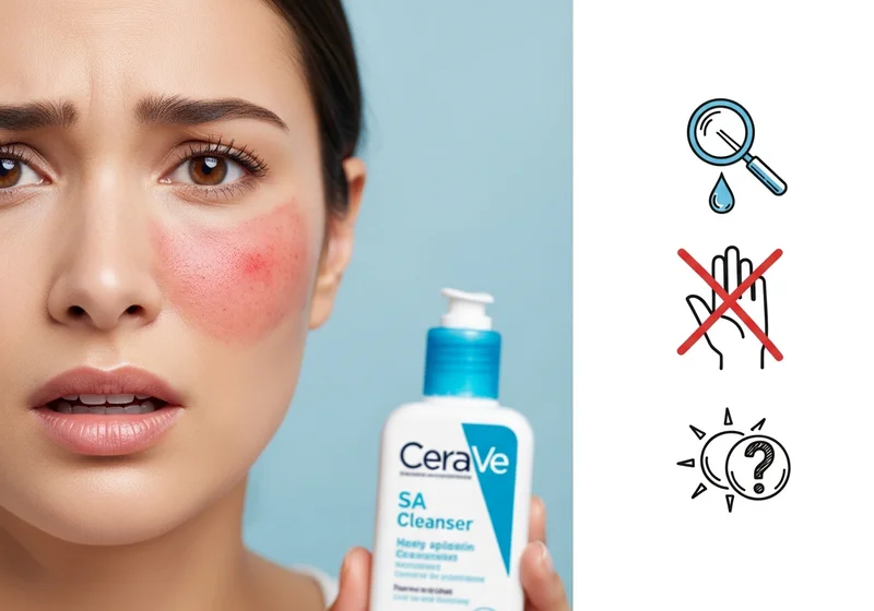 Zmartwiona kobieta z podrażnioną skórą trzyma CeraVe SA Cleanser. Obok ikony ostrzegawcze: dokładność, ostrożność, słońce.