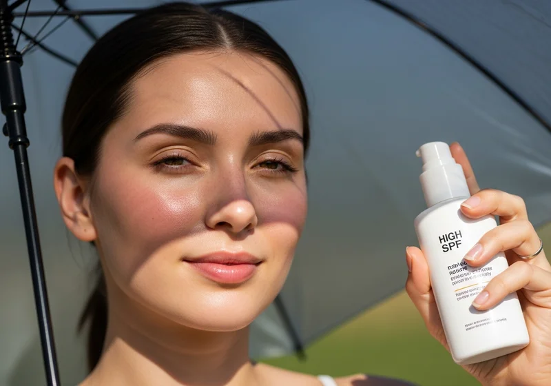 Kobieta pod parasolem z butelką kremu HIGH SPF. Niezbędna ochrona skóry po peelingu.