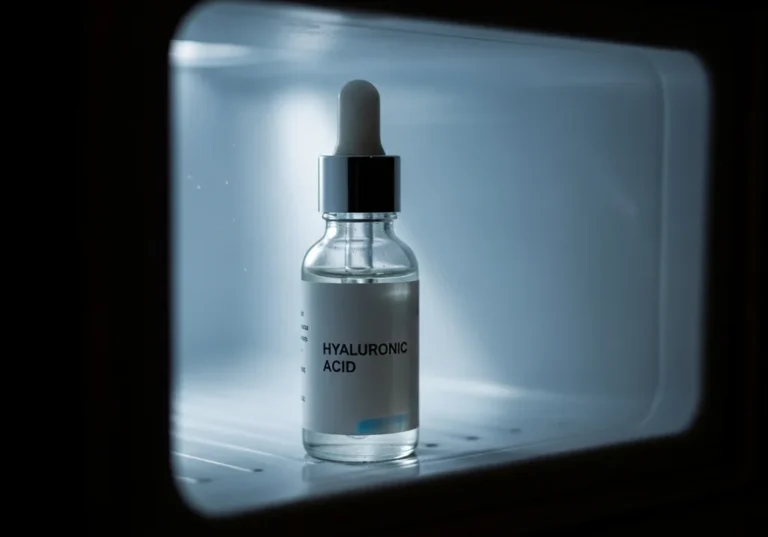 Szklana butelka serum z kwasem hialuronowym w oświetlonej mini-lodówce.