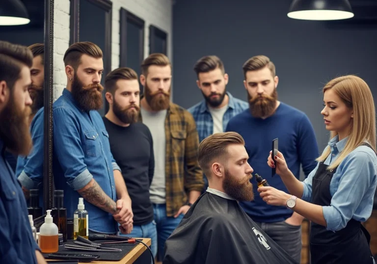 Barberka aplikuje olejek na brodę klienta w salonie, w tle brodaci mężczyźni.