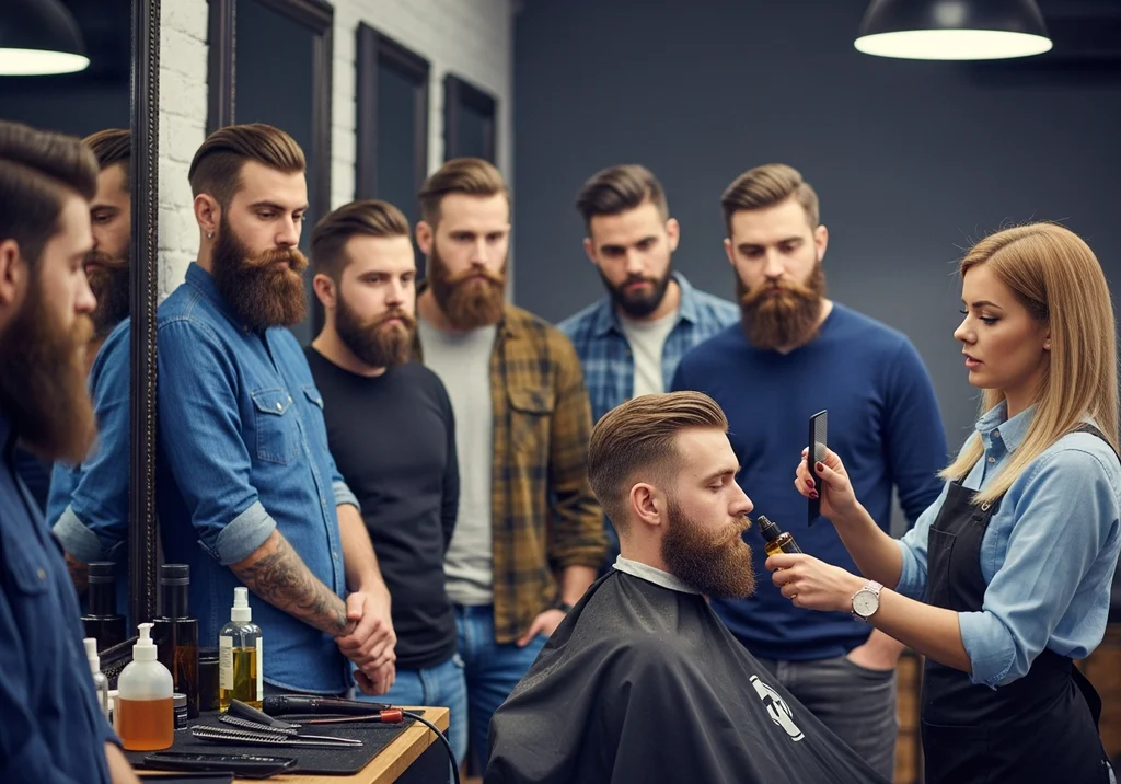 Barberka aplikuje olejek na brodę klienta w salonie, w tle brodaci mężczyźni.