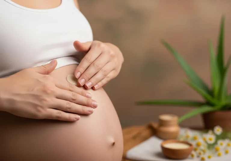 Kobieta w ciąży nakłada balsam na brzuch w otoczeniu naturalnych składników, takich jak aloes i rumianek.